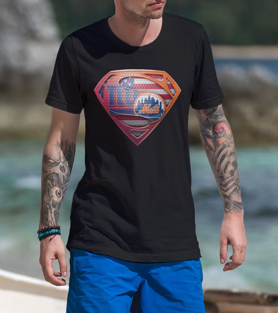New York Giants Mets Superman Logo American Flag T-Shirt