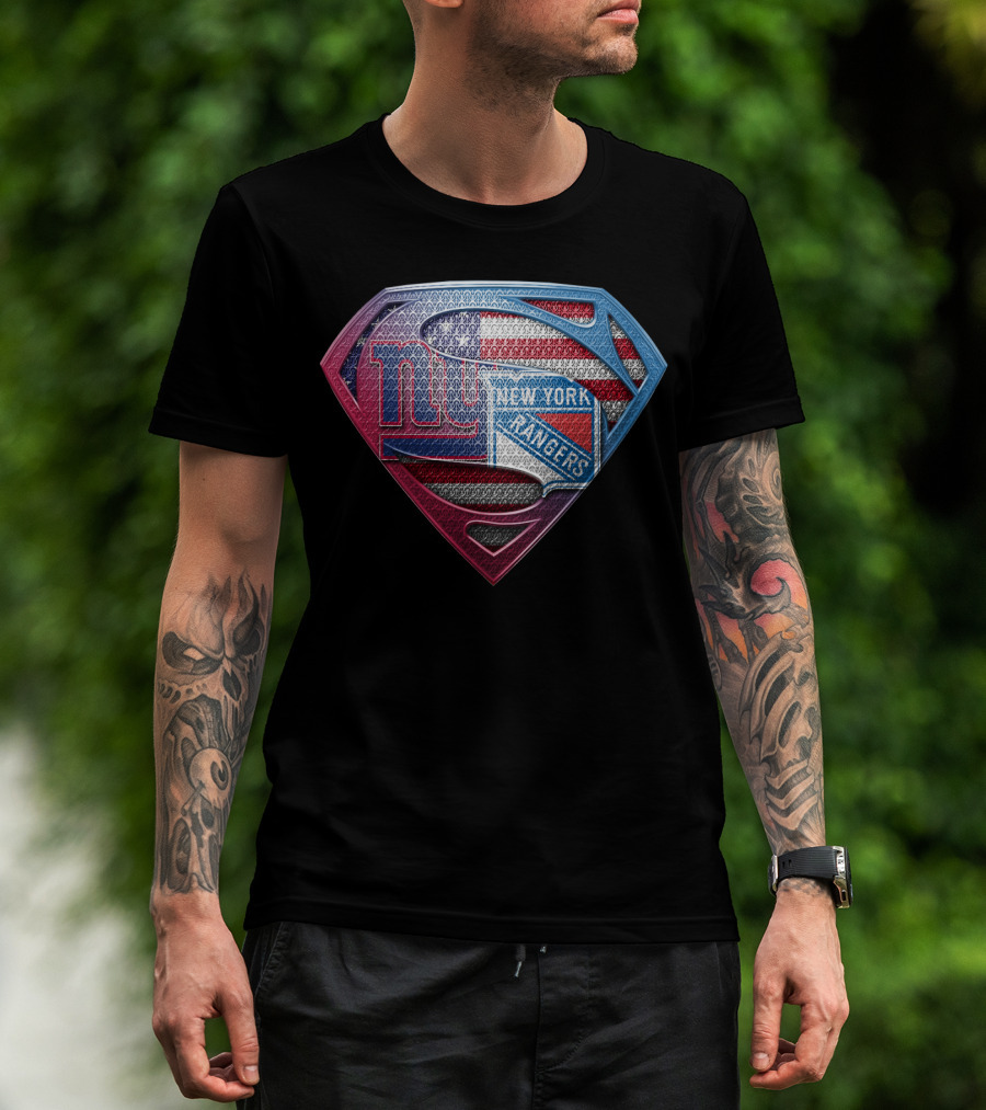 Ny Giants New York Rangers American Flag Superman Shield T-Shirt