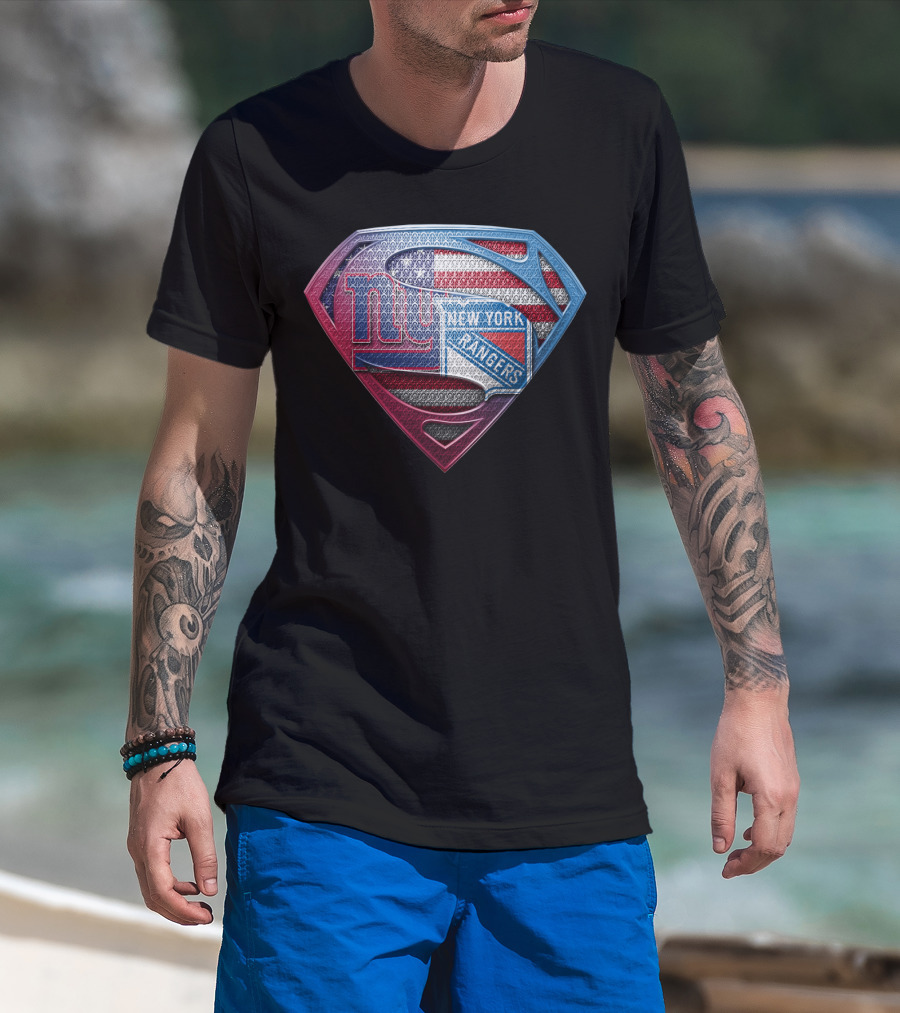 Ny Giants New York Rangers American Flag Superman Shield T-Shirt