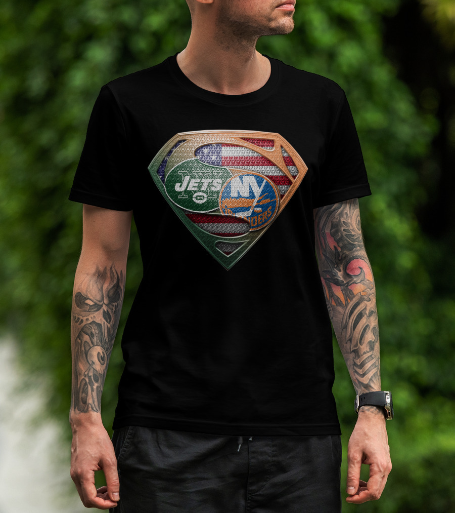 New York Jets Ny Islanders American Flag Superman Shield T-Shirt