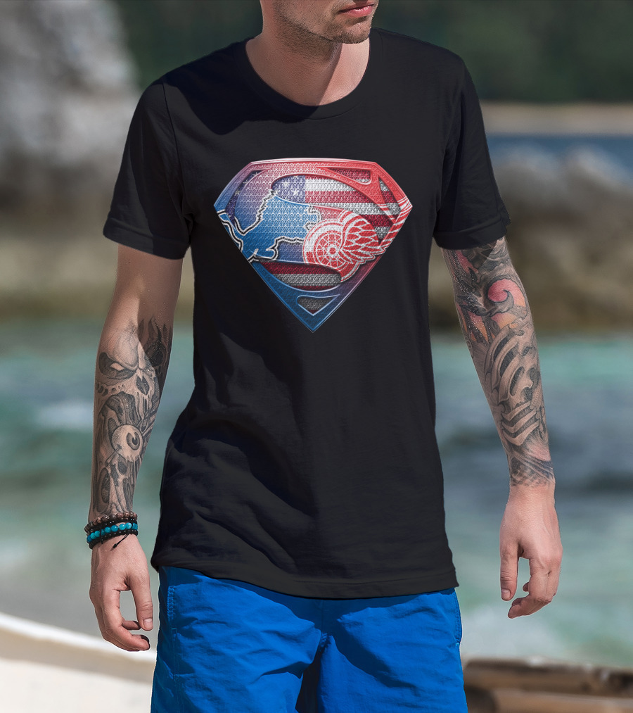 Superman Detroit Lions And Red Wings American Flag T-Shirt