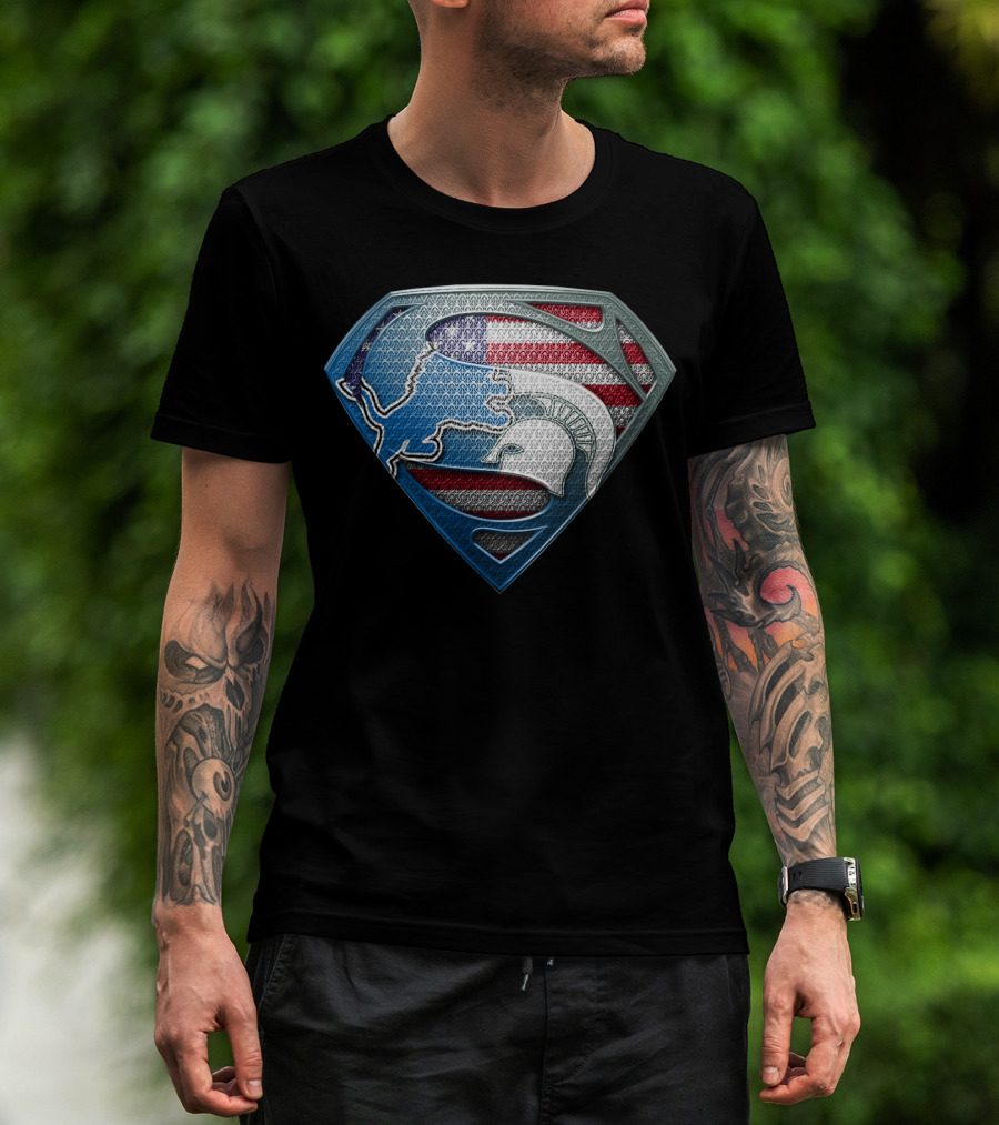 Detroit Lions And Michigan State Spartans American Flag Superman T-Shirt