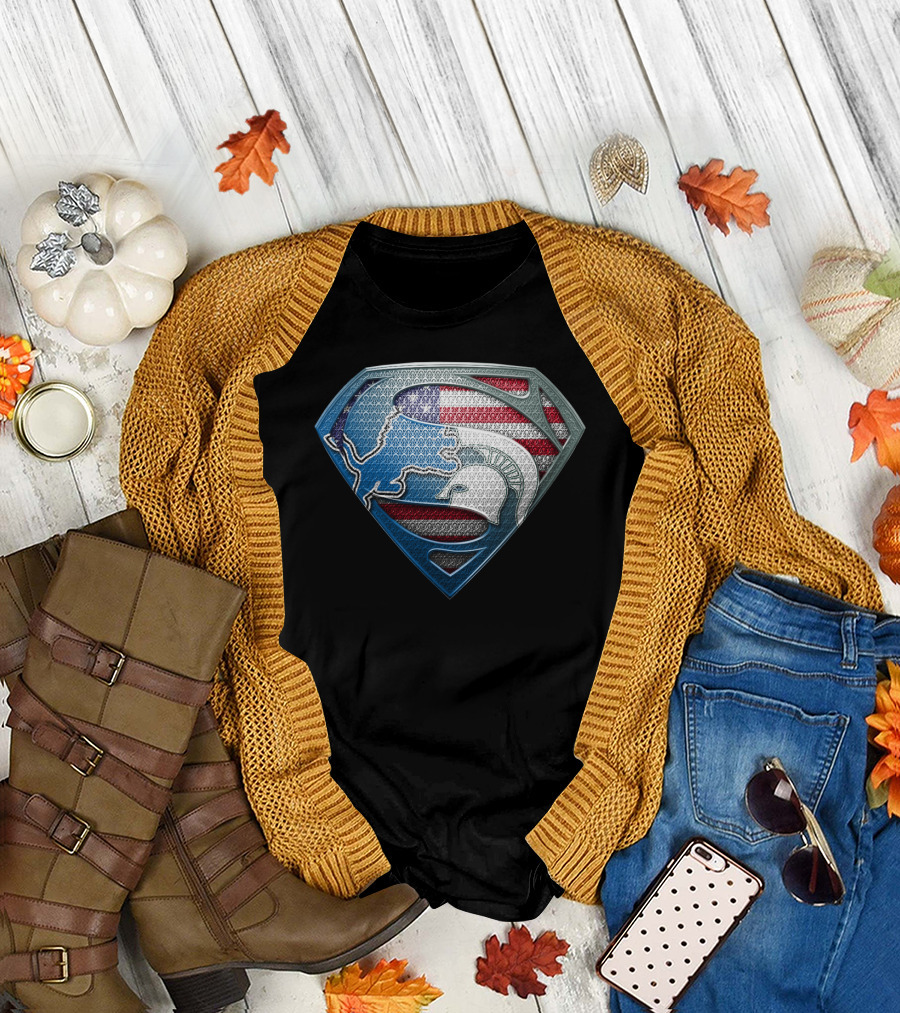 Detroit Lions And Michigan State Spartans American Flag Superman T-Shirt