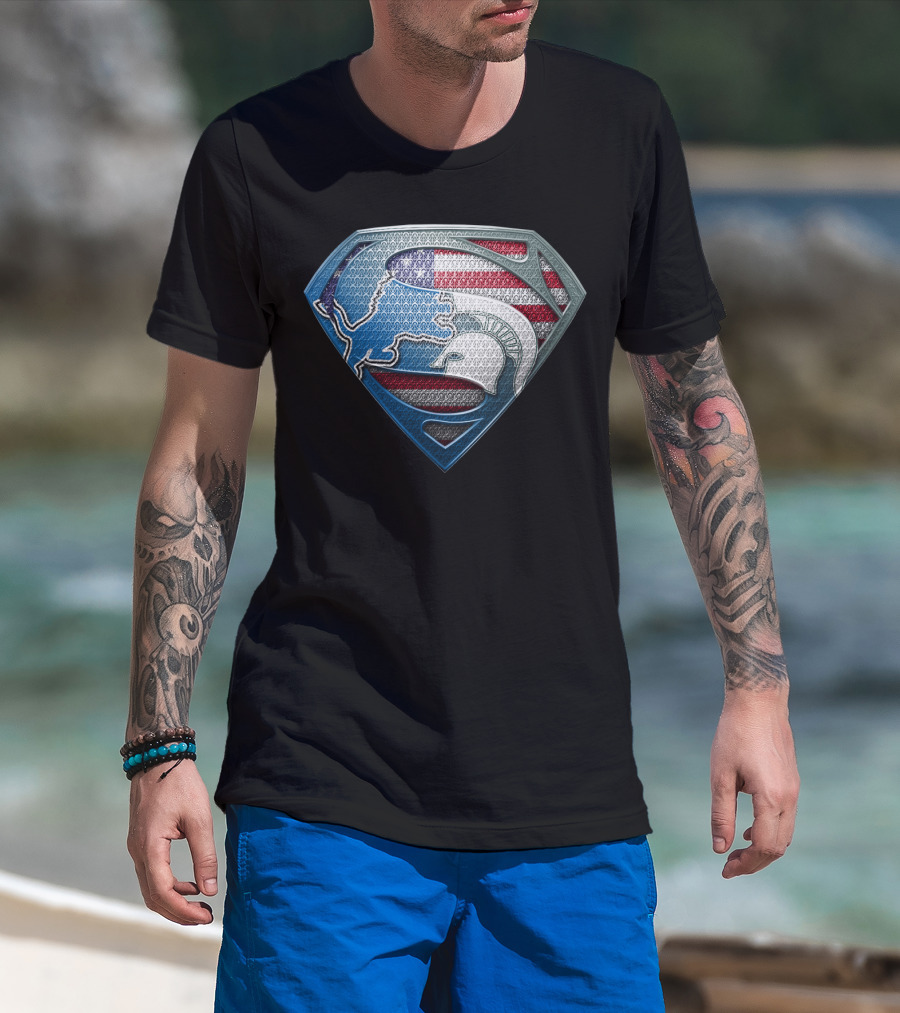 Detroit Lions And Michigan State Spartans American Flag Superman T-Shirt