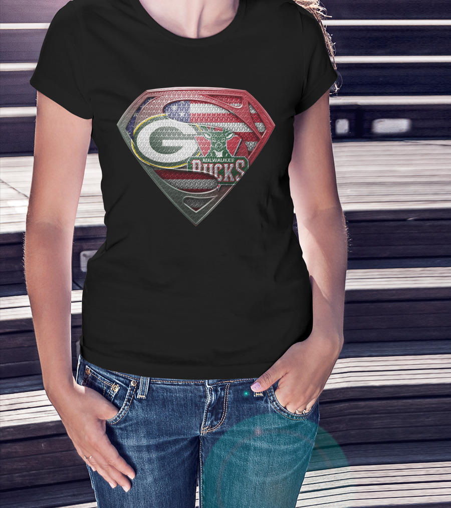 Green Bay Packers Milwaukee Bucks American Flag Superman Shield T-Shirt