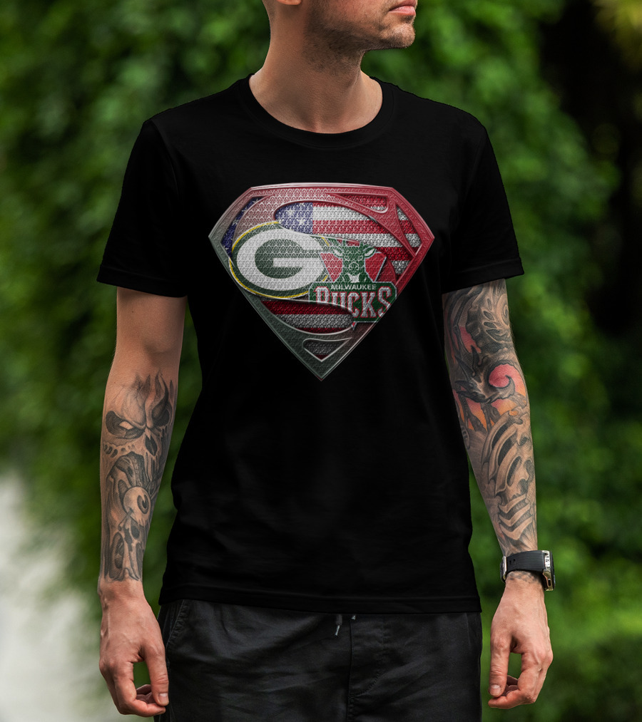 Green Bay Packers Milwaukee Bucks American Flag Superman Shield T-Shirt