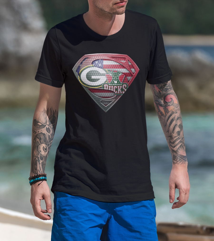 Green Bay Packers Milwaukee Bucks American Flag Superman Shield T-Shirt