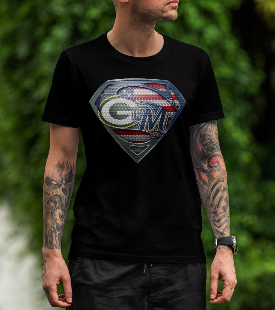 Packers Brewers Superman Shield American Flag T-Shirt