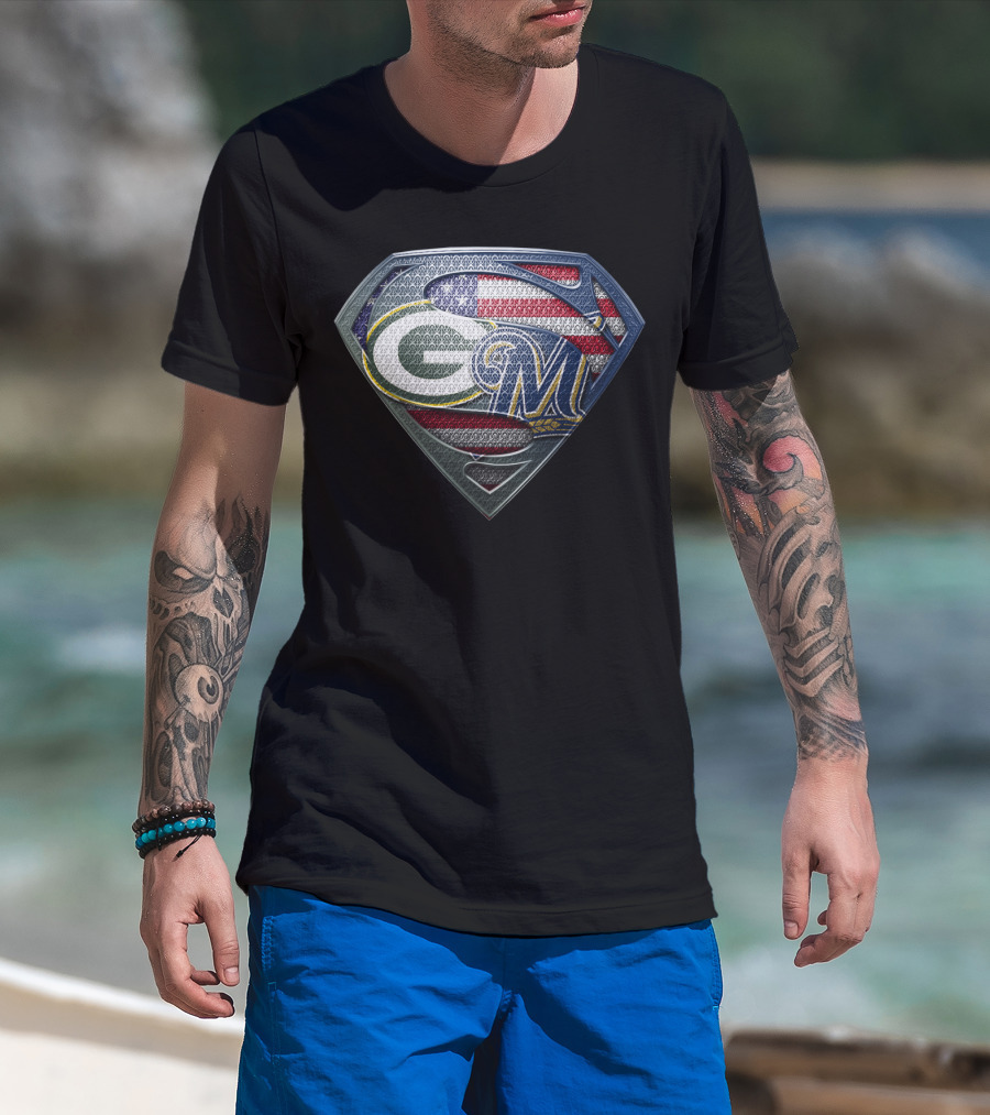 Packers Brewers Superman Shield American Flag T-Shirt