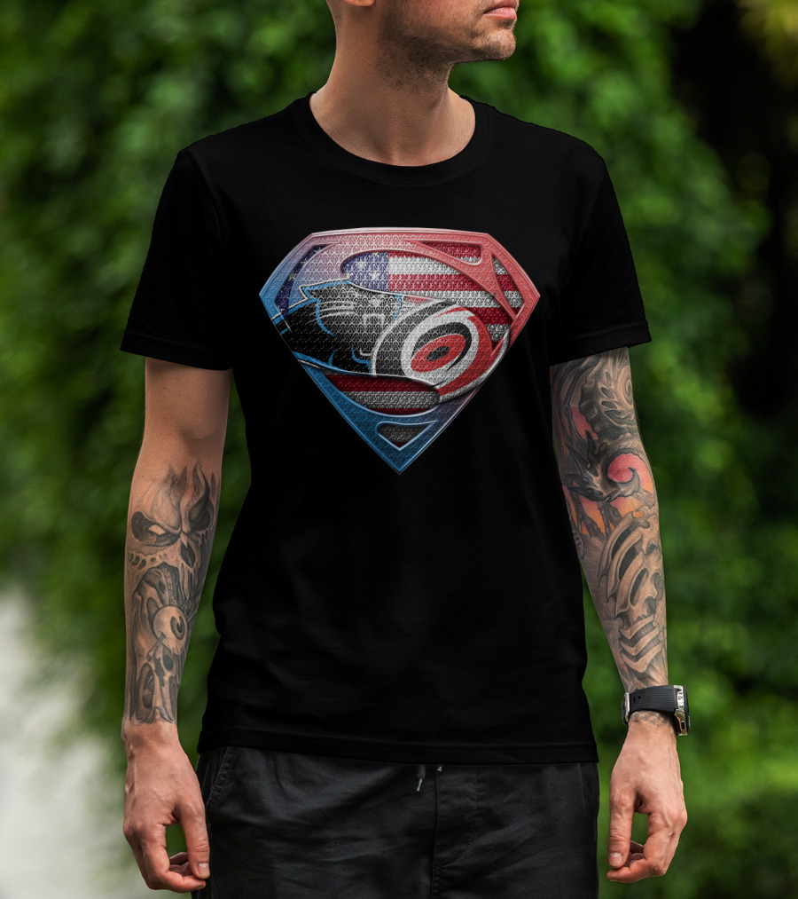 Carolina Panthers And Hurricanes Superman Shield Usa Flag Combination T-Shirt