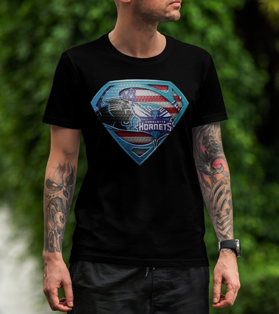 Carolina Panthers Charlotte Hornets American Flag Superman Shield T-Shirt