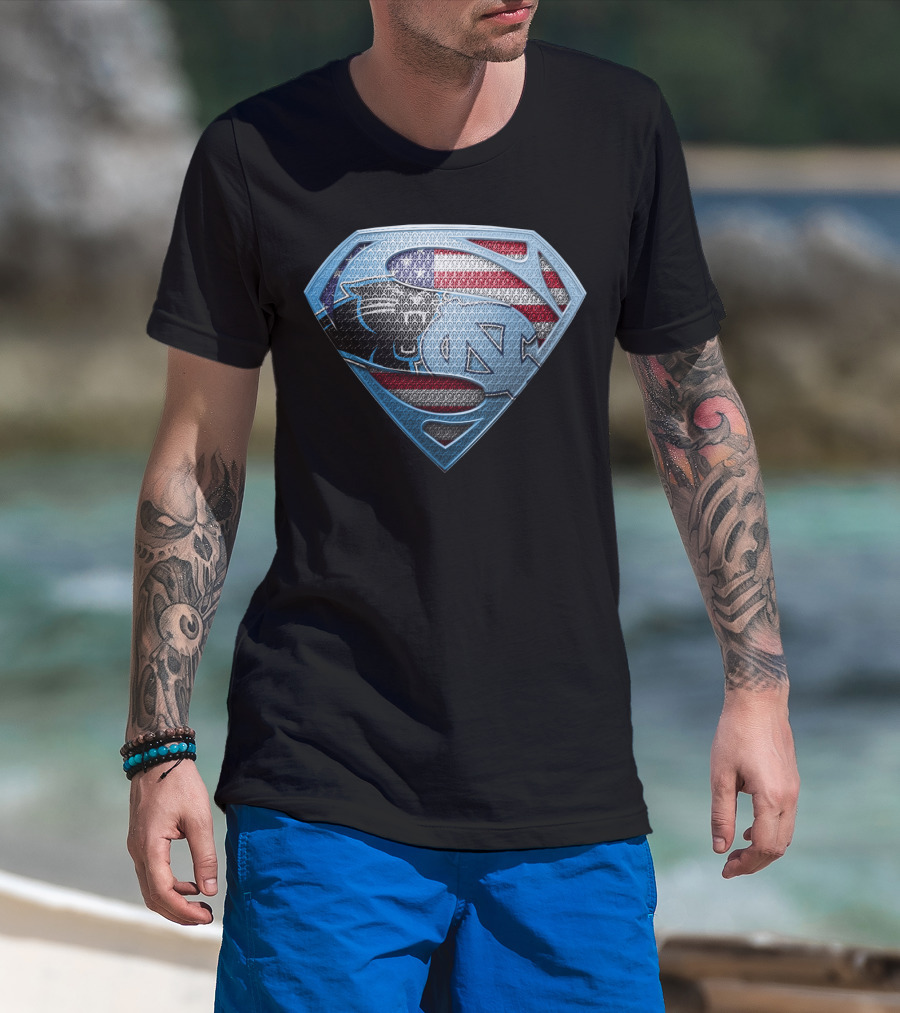 North Carolina Tar Heels And Carolina Panthers Superman Shield With American Flag T-Shirt