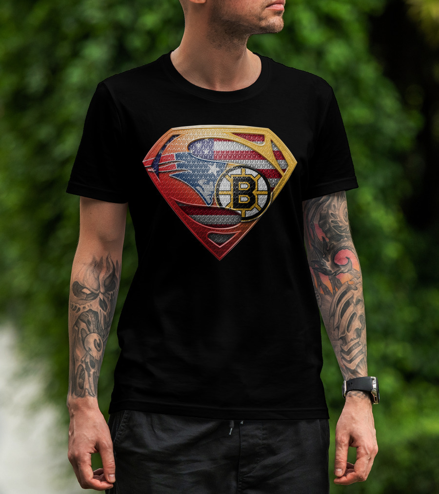 Superman Shield American Flag Boston Bruins New England Patriots T-Shirt