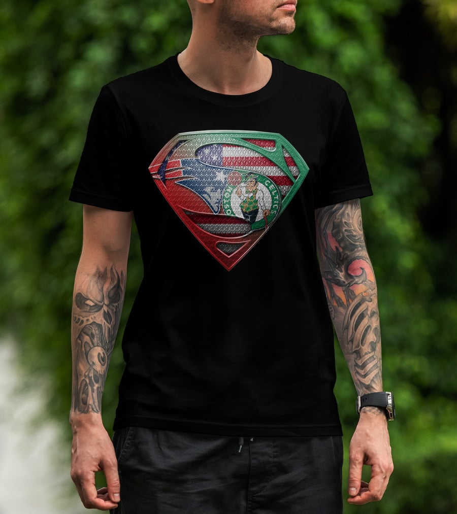 Superman Shield With Boston Celtics Logo And American Flag T-Shirt