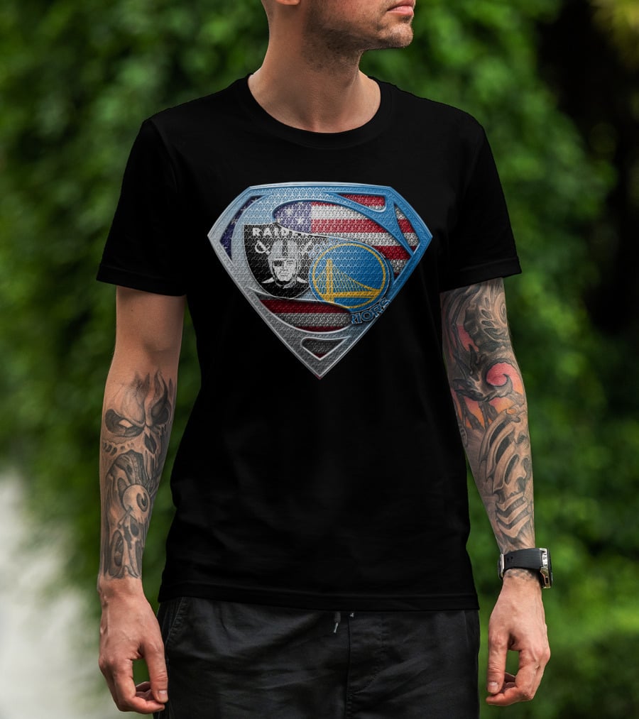 Raiders Warriors Usa Shield Nfl Nba Iconic Logo Fusion T-Shirt