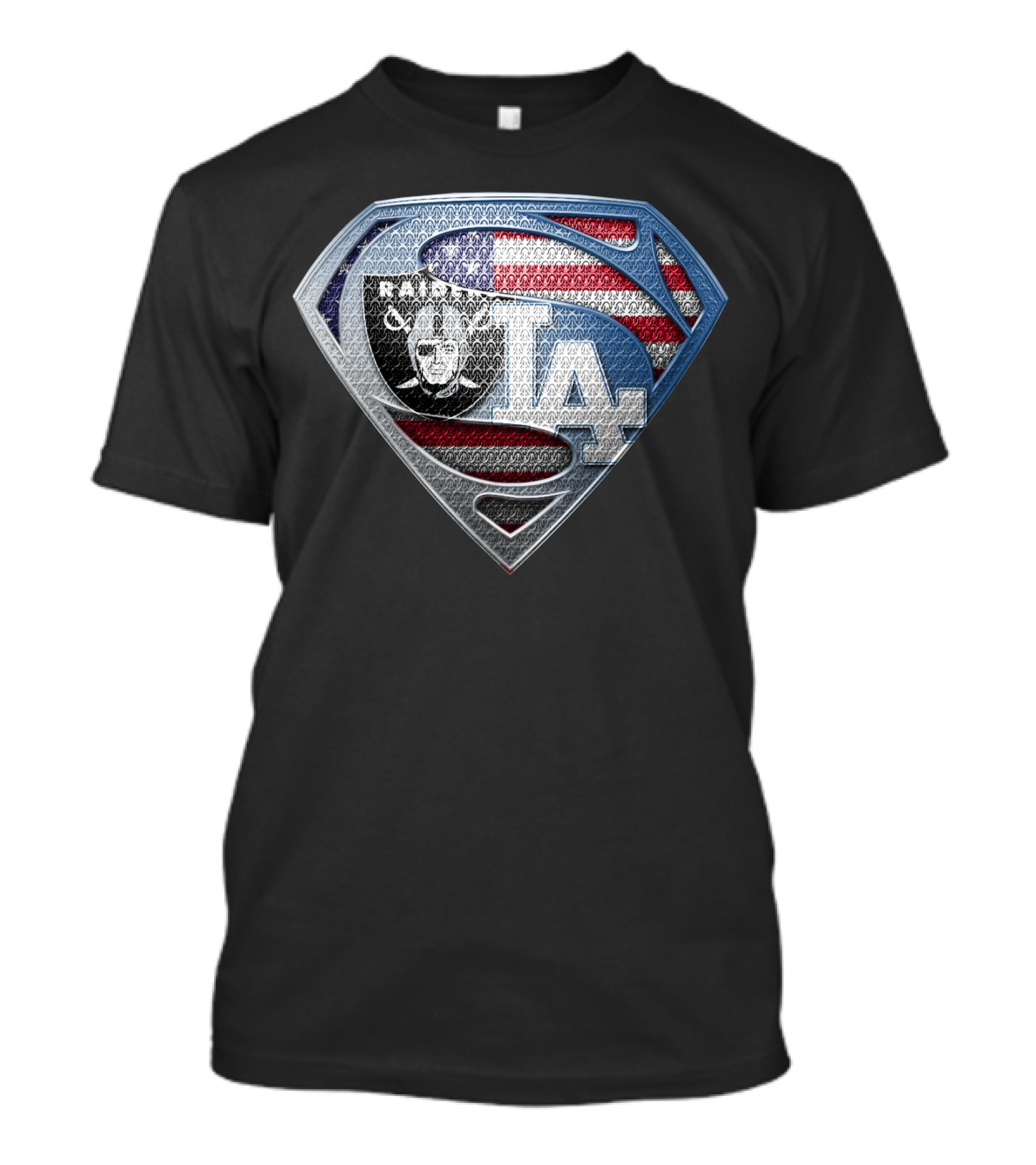 Raiders La Dodgers Superman Logo American Flag Football Baseball Fan T-Shirt