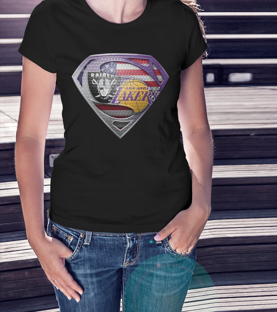 Superman Shield Las Vegas Raiders Los Angeles Lakers American Flag T-Shirt