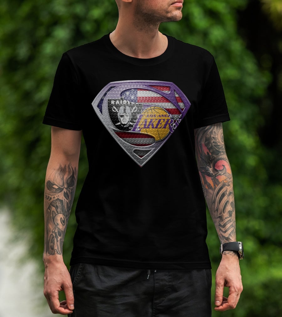Superman Shield Las Vegas Raiders Los Angeles Lakers American Flag T-Shirt