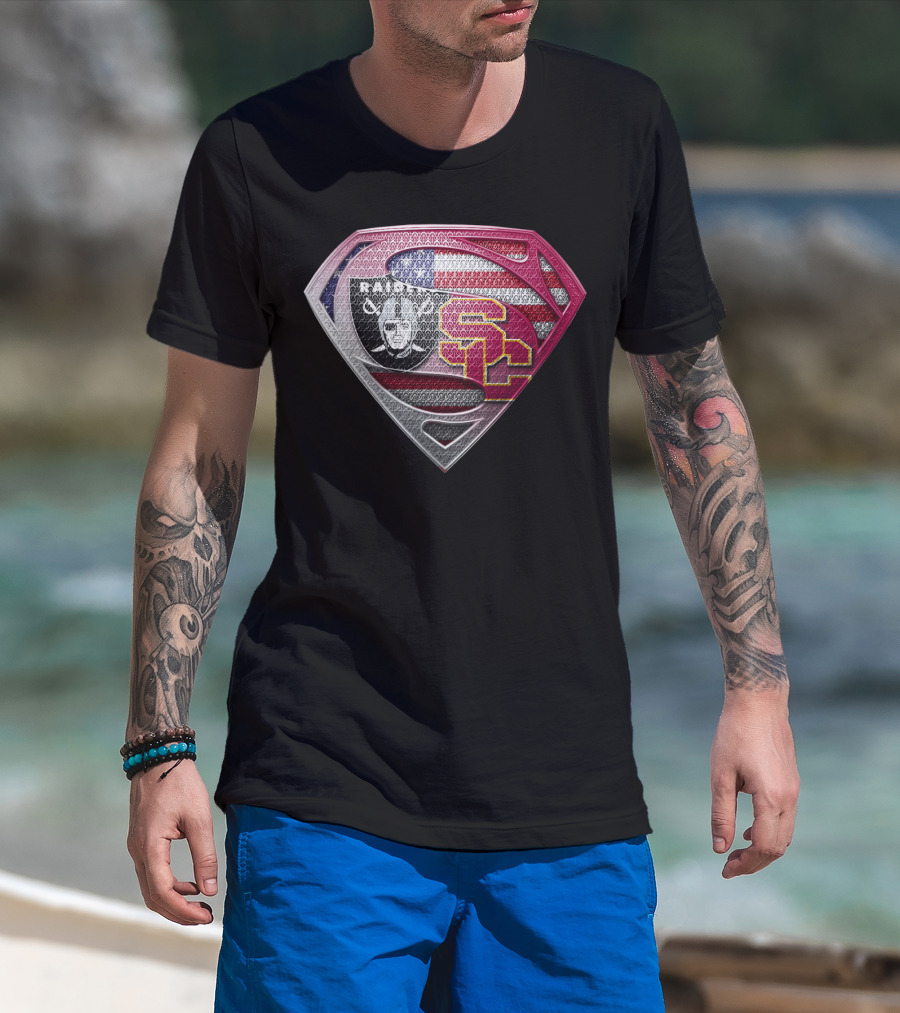 Raiders Usc Superman Shield American Flag T-Shirt