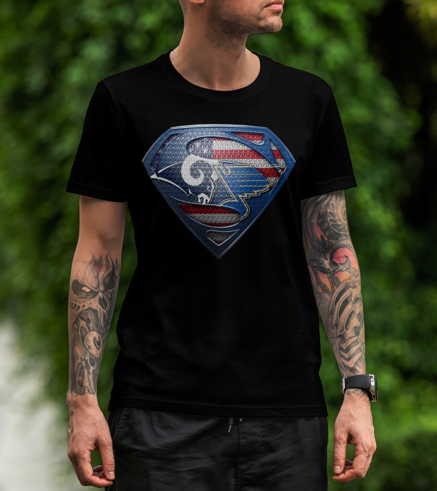 Los Angeles Rams St. Louis Blues American Flag Superman Shield Fusion T-Shirt