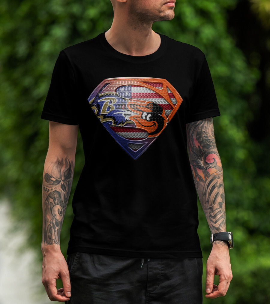 Baltimore Ravens Orioles Superman Usa Flag T-Shirt