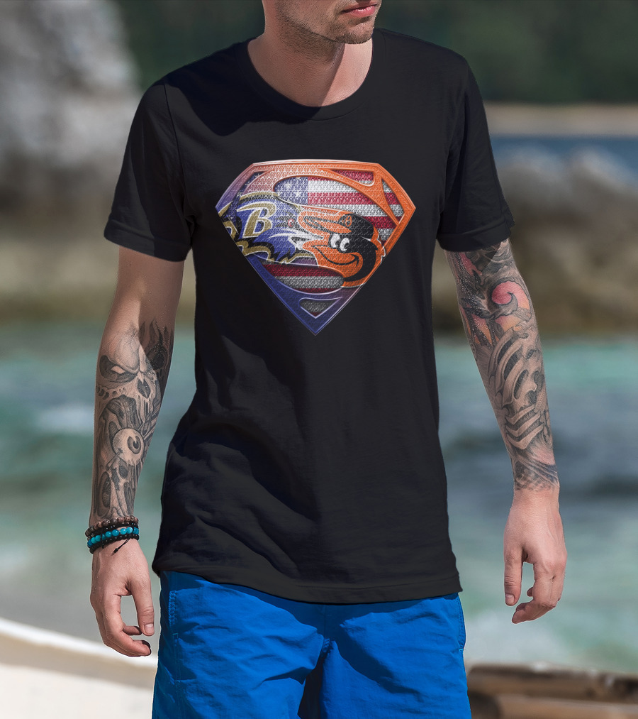Baltimore Ravens Orioles Superman Usa Flag T-Shirt