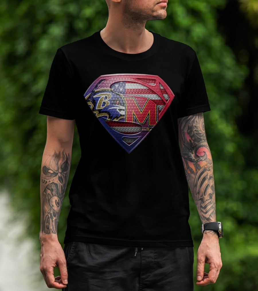 Baltimore Ravens Maryland Terrapins Superman Logo American Flag T-Shirt
