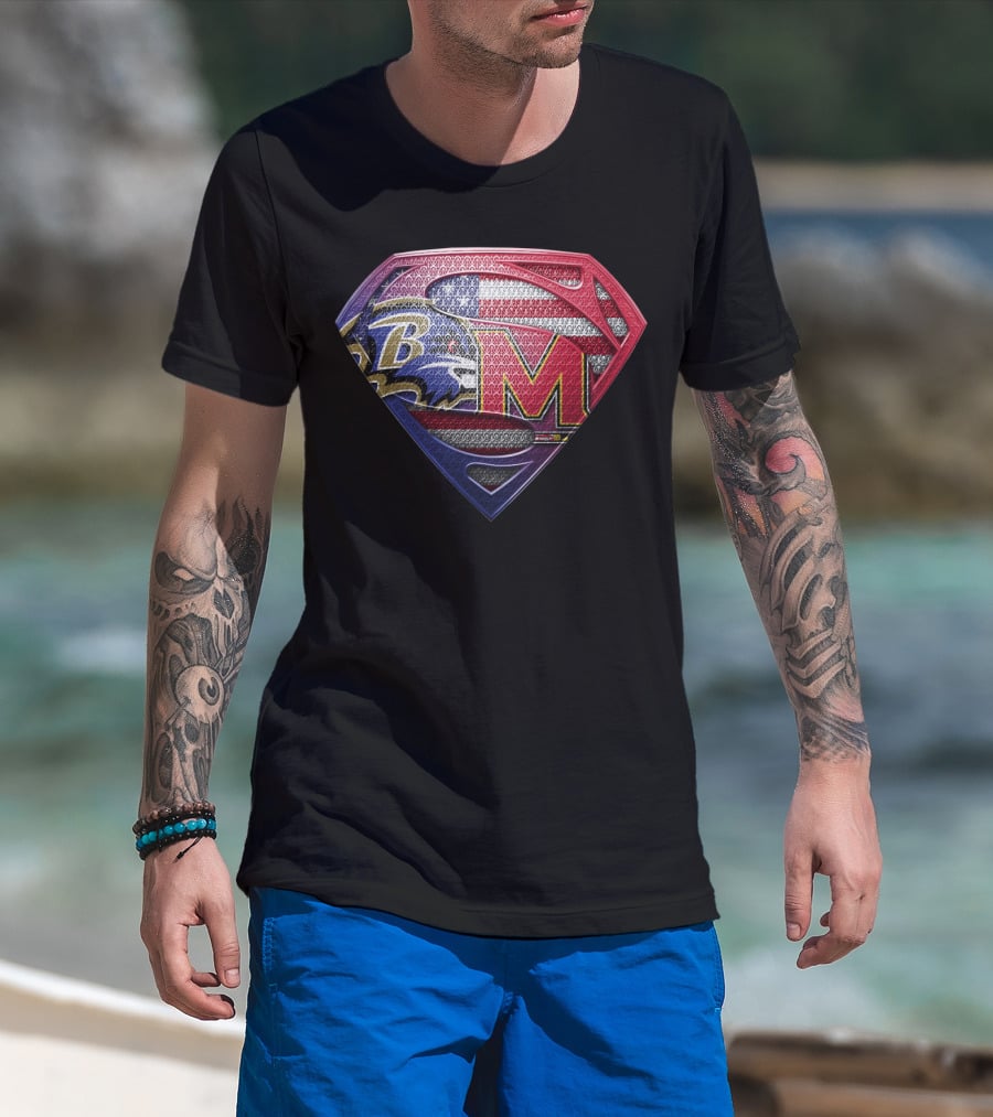Baltimore Ravens Maryland Terrapins Superman Logo American Flag T-Shirt