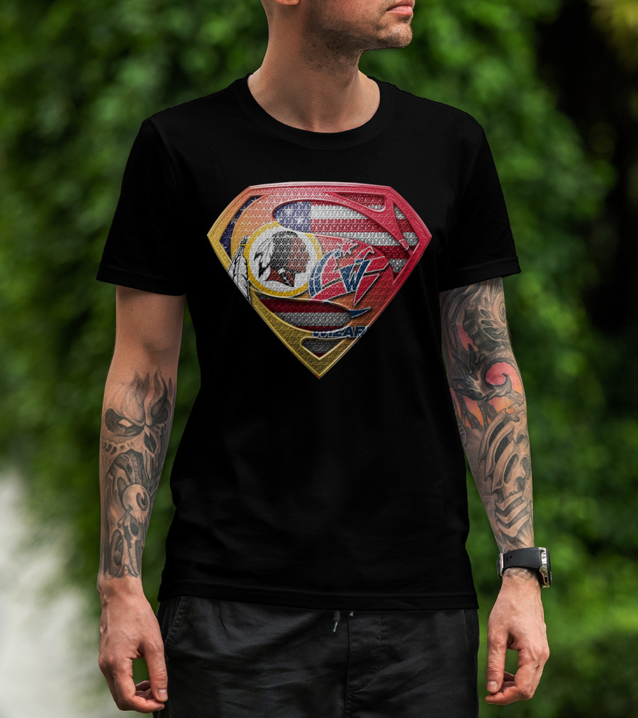 Superman Shield Design With Washington Redskins And Washington Wizards Logos T-Shirt
