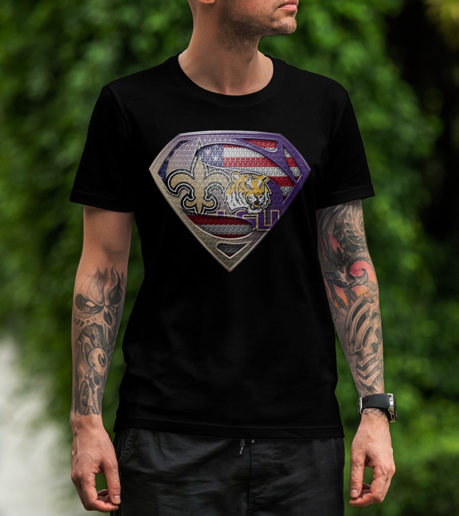 Superman Shield Saints Lsu Tigers American Flag T-Shirt