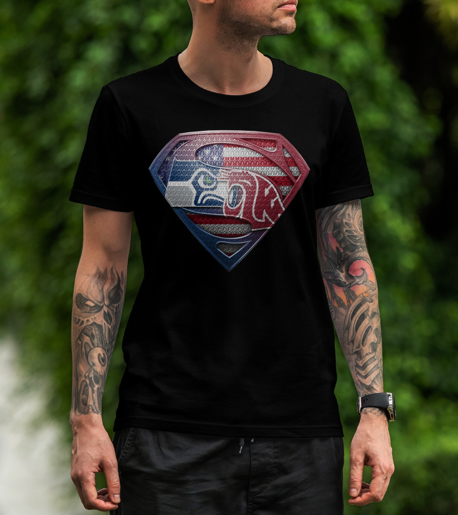 Superman Seahawks Patriots American Flag T-Shirt