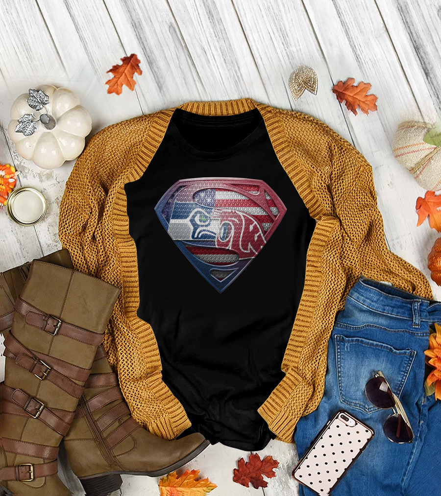 Superman Seahawks Patriots American Flag T-Shirt