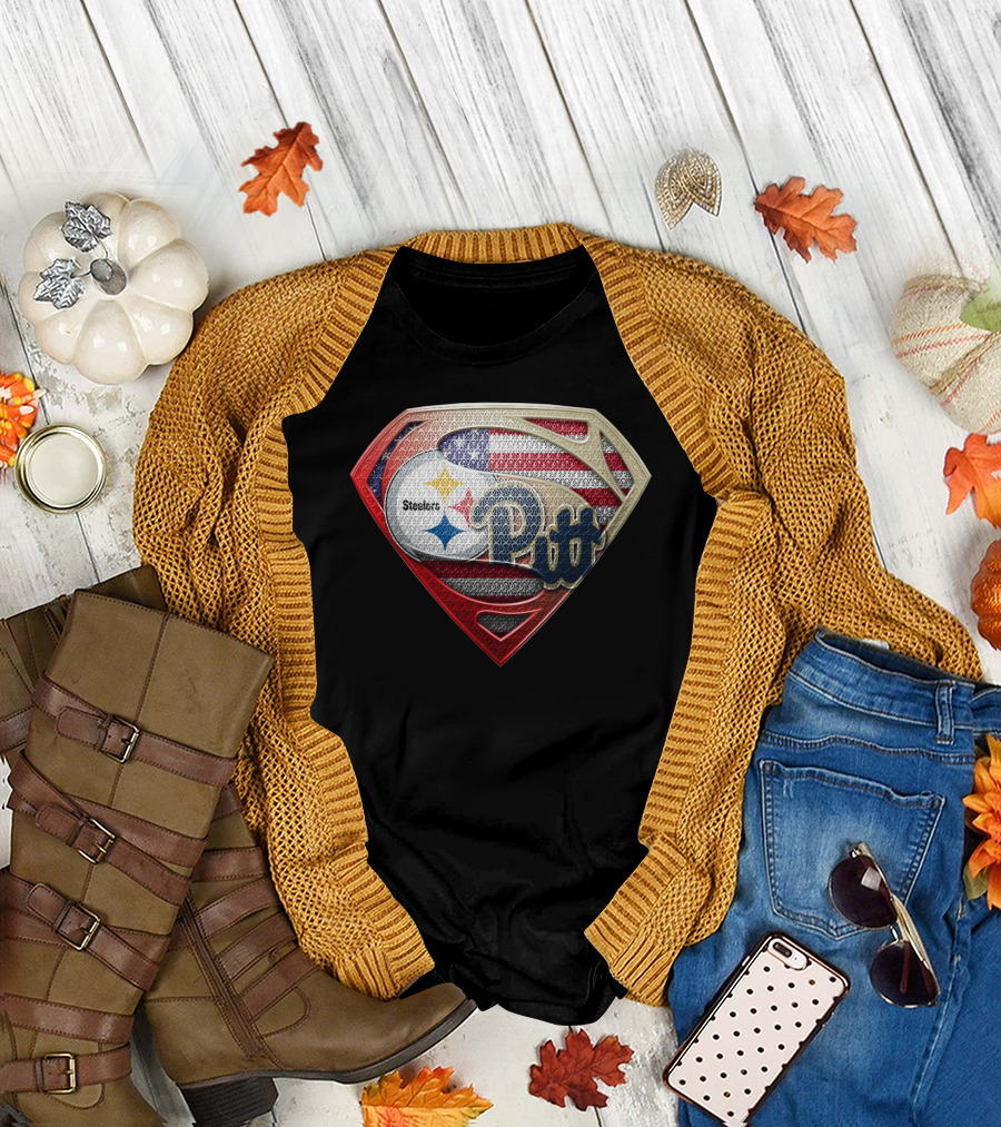 Steelers Pitt Superman Shield American Flag T-Shirt