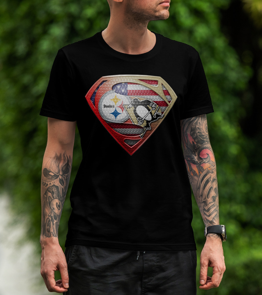 Steelers Penguins American Flag Superman Shield T-Shirt