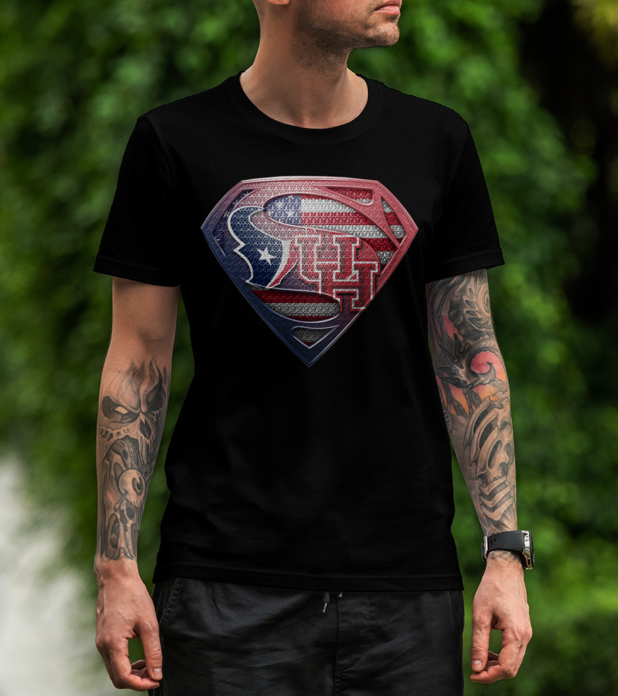 Houston Texans Uh Superhero Shield American Flag T-Shirt
