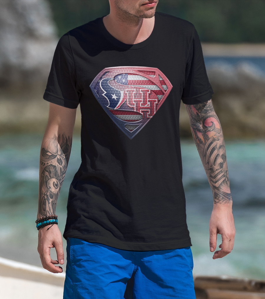 Houston Texans Uh Superhero Shield American Flag T-Shirt