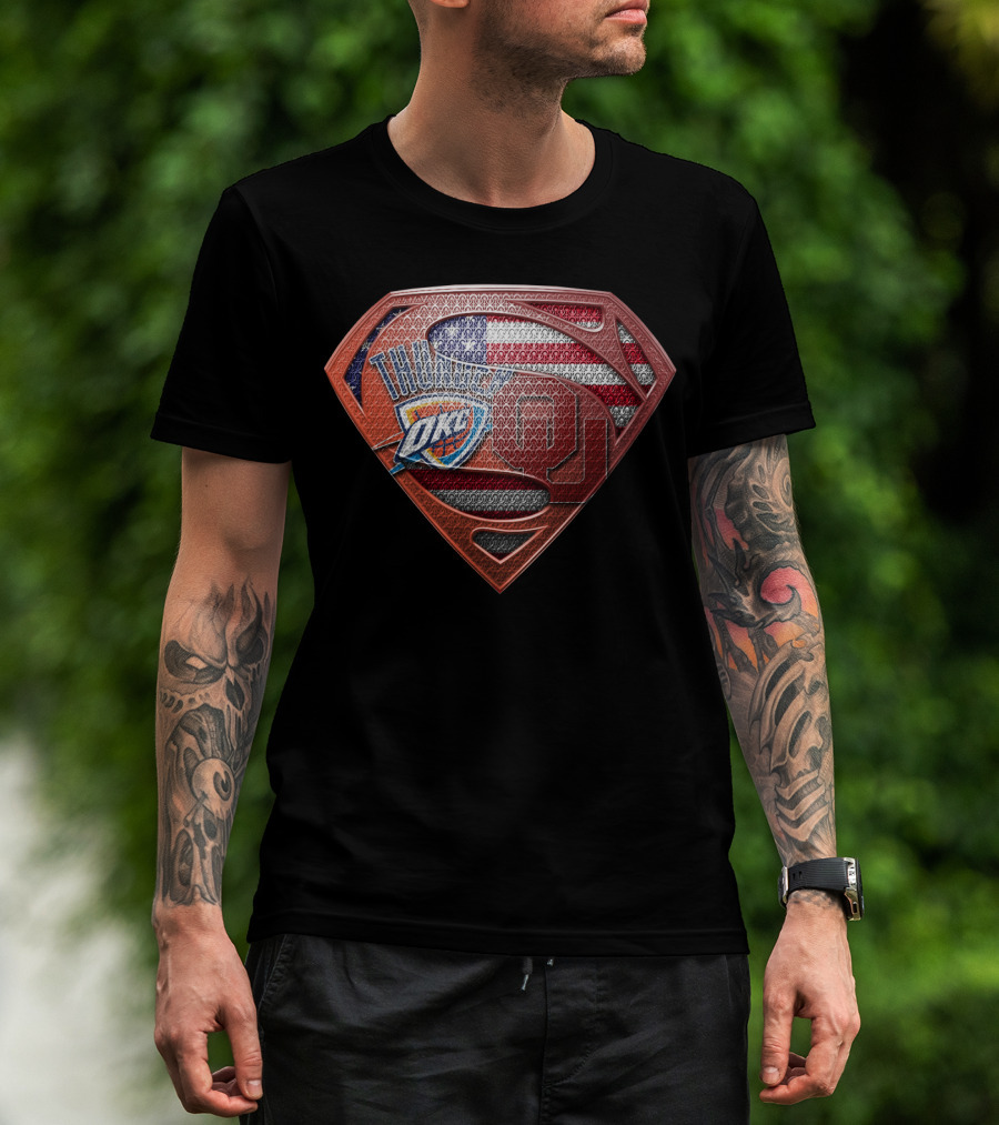 Thunder Okc Superman American Flag Ou Logo Mashup T-Shirt