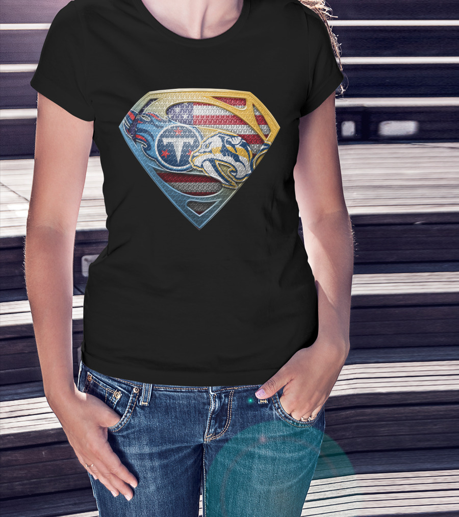 Tennessee Titans Nashville Predators American Flag Superman Shield Sspus130 T-Shirt