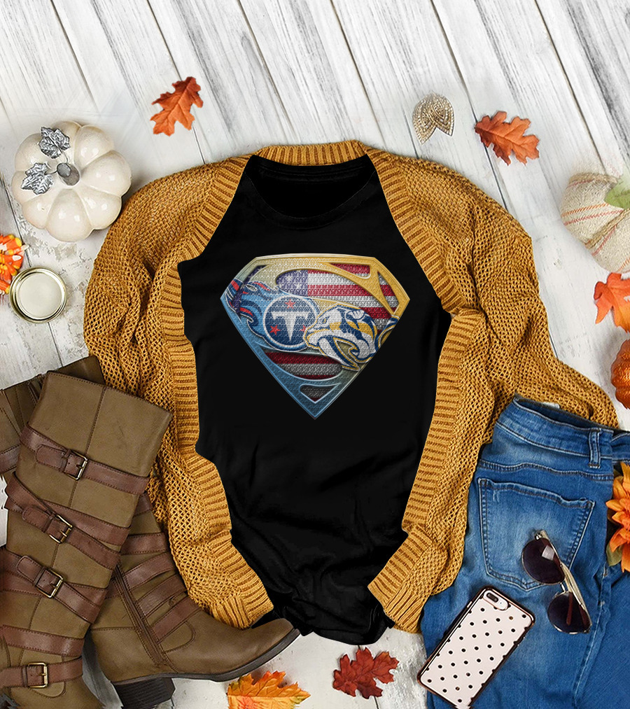 Tennessee Titans Nashville Predators American Flag Superman Shield Sspus130 T-Shirt