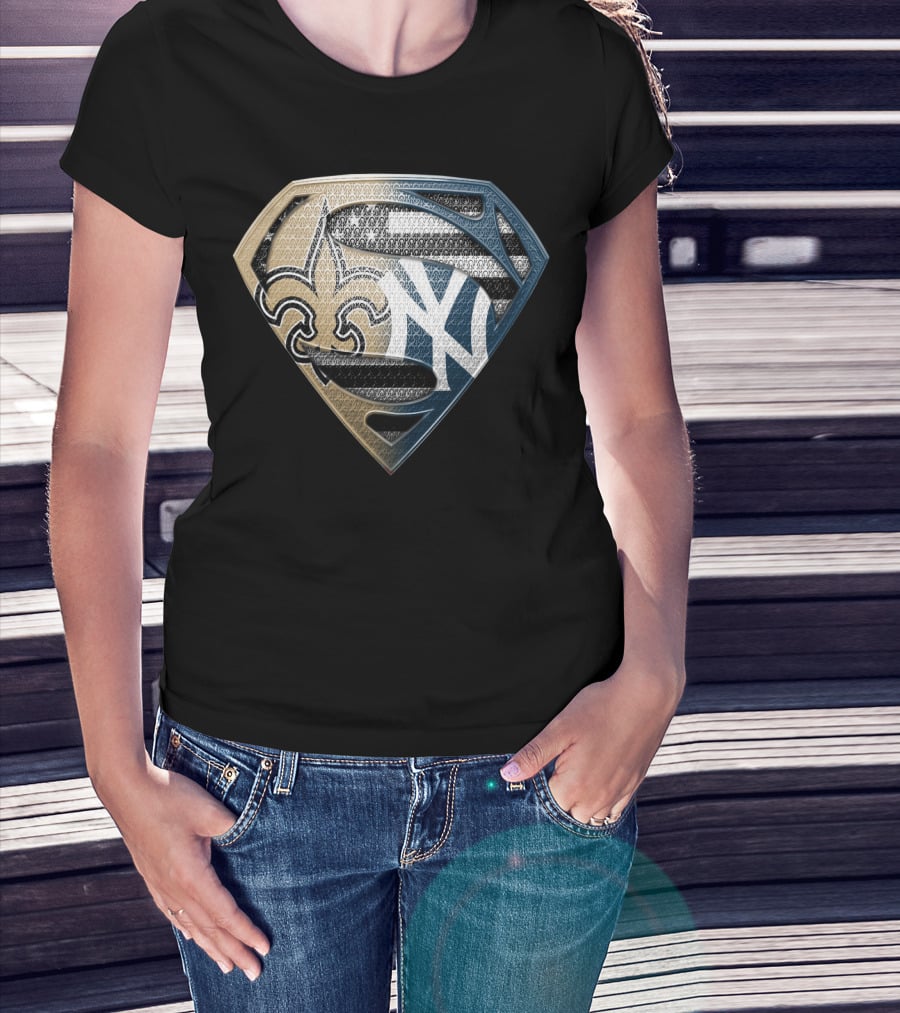 Superman Shield New York Yankees New Orleans Saints Logo Combination T-Shirt
