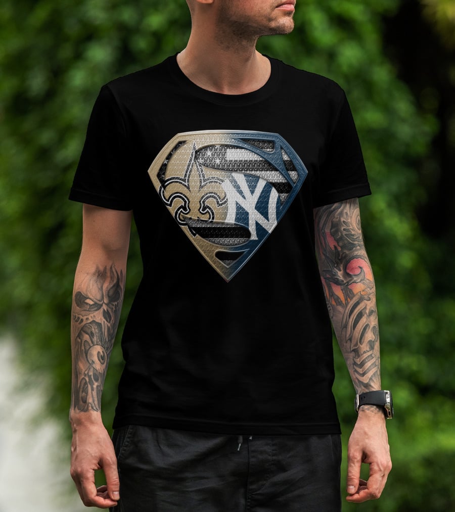 Superman Shield New York Yankees New Orleans Saints Logo Combination T-Shirt