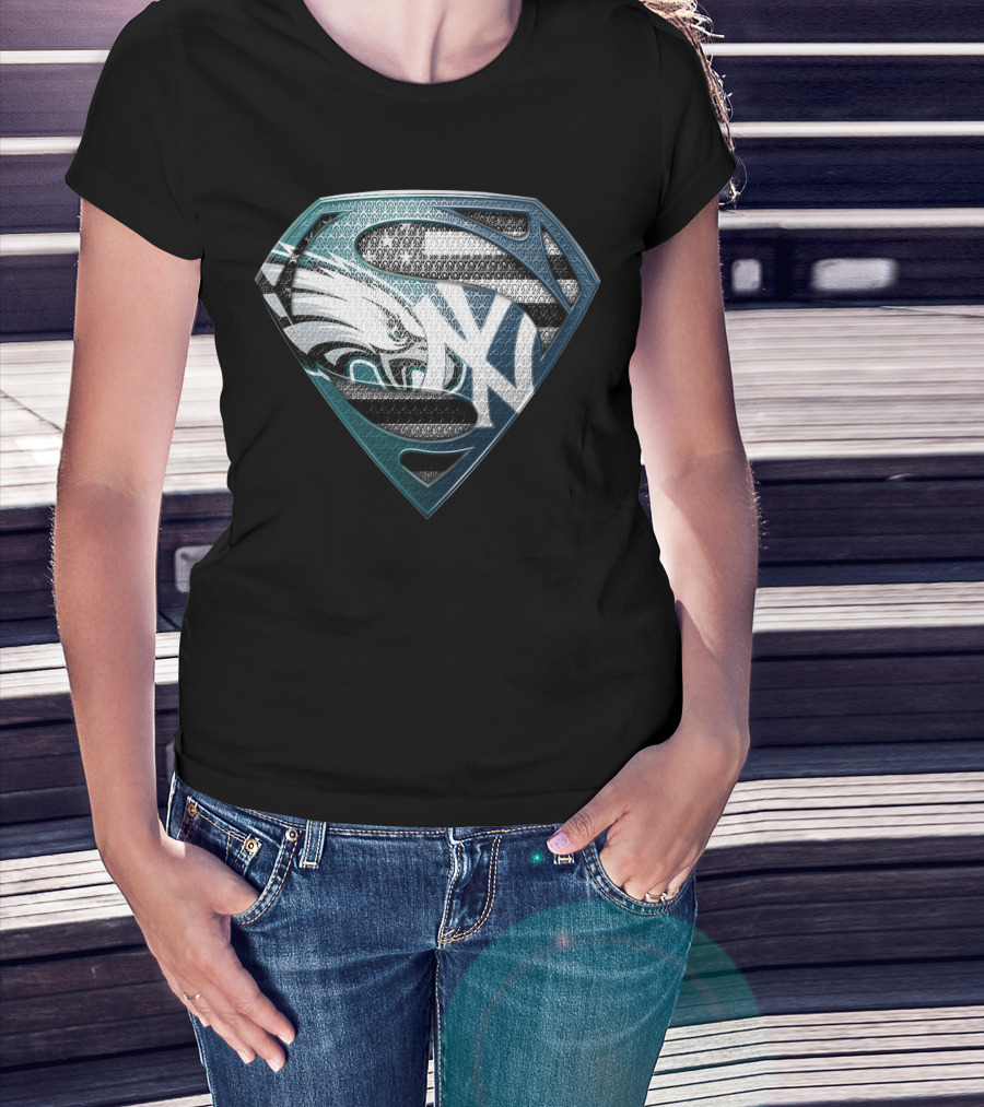 Superman Philadelphia Eagles New York Yankees Logo Fusion T-Shirt