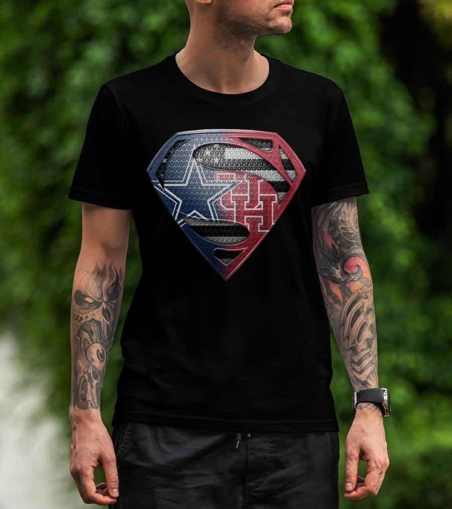 Houston Cougars Superman Shield Logo Usa Flag T-Shirt