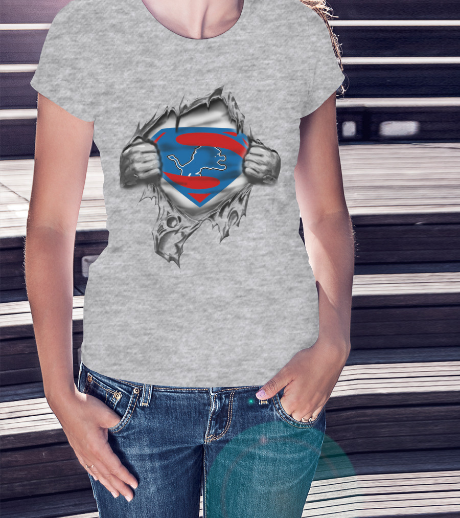 Superman Detroit Lions Logo And Rip T-Shirt