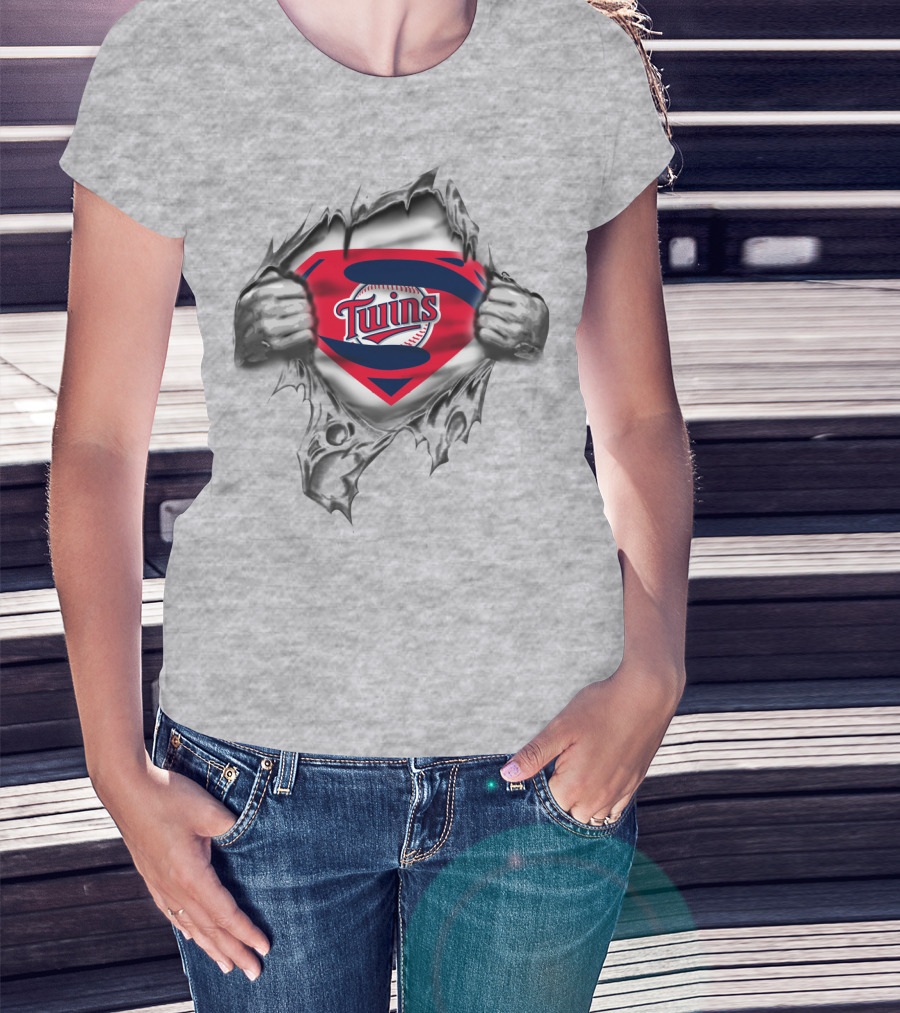 Twins Baseball Superhero Logo Inside Torn T-Shirt