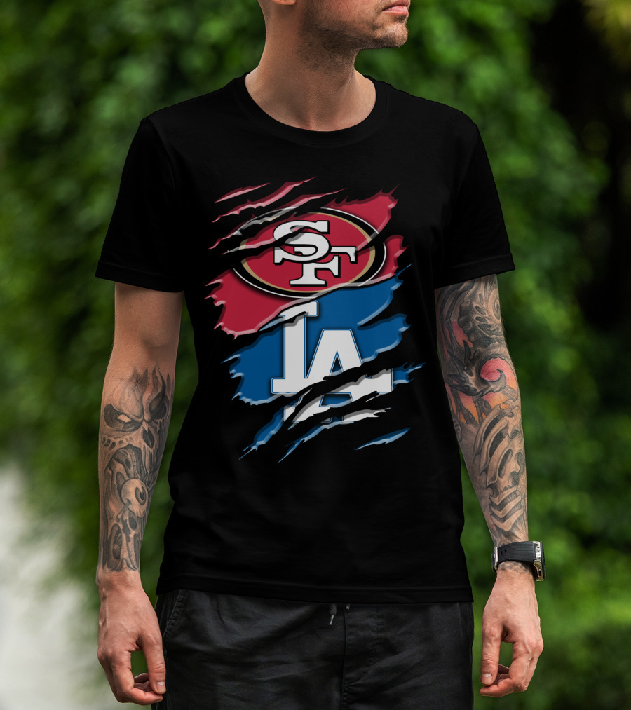 San Francisco 49ers And Los Angeles Dodgers Logo Fusion Rac T-Shirt