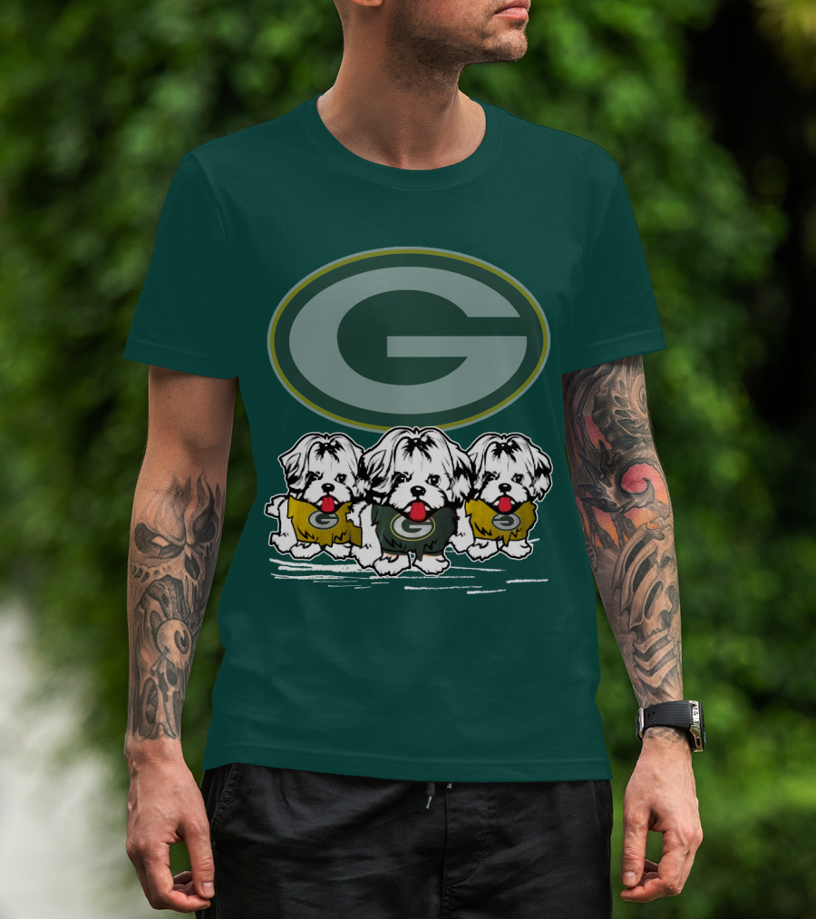 Green Bay Packers Logo With Three Dogs In Jerseys T-Shirt