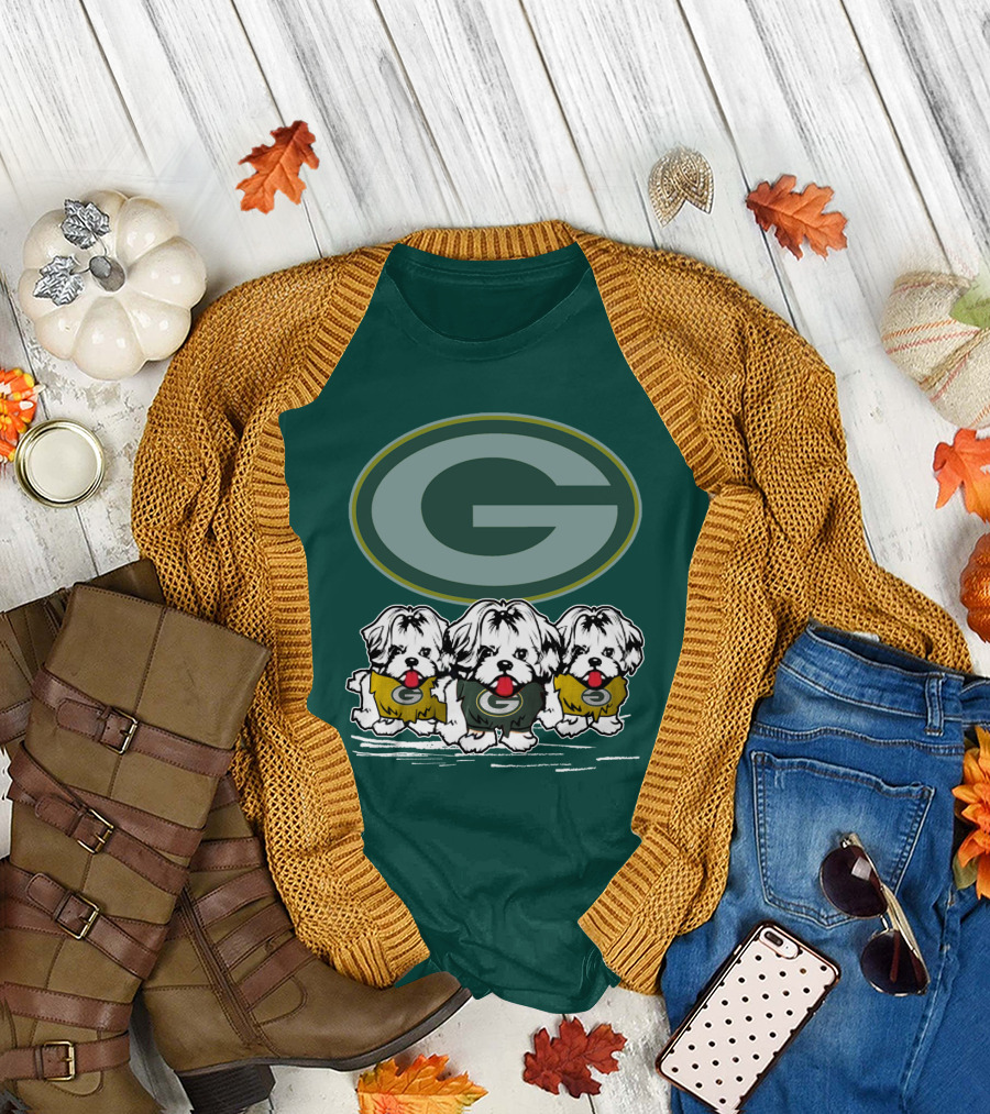 Green Bay Packers Logo With Three Dogs In Jerseys T-Shirt