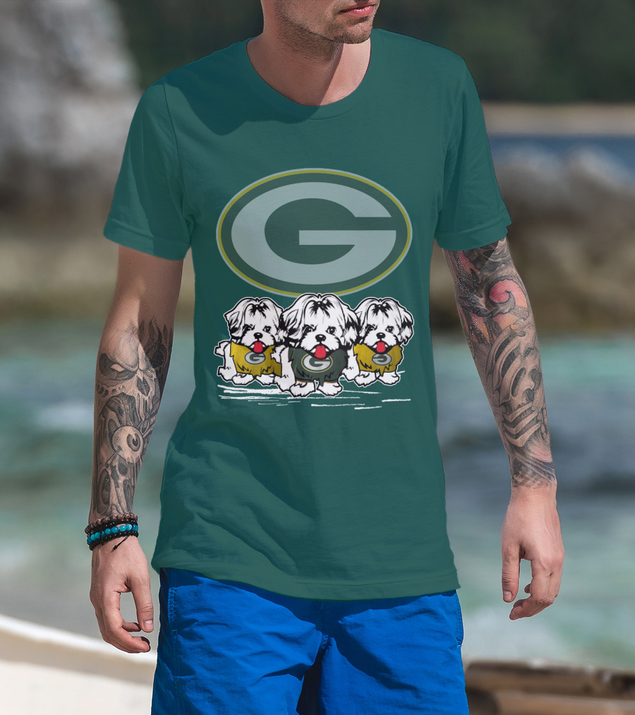 Green Bay Packers Logo With Three Dogs In Jerseys T-Shirt