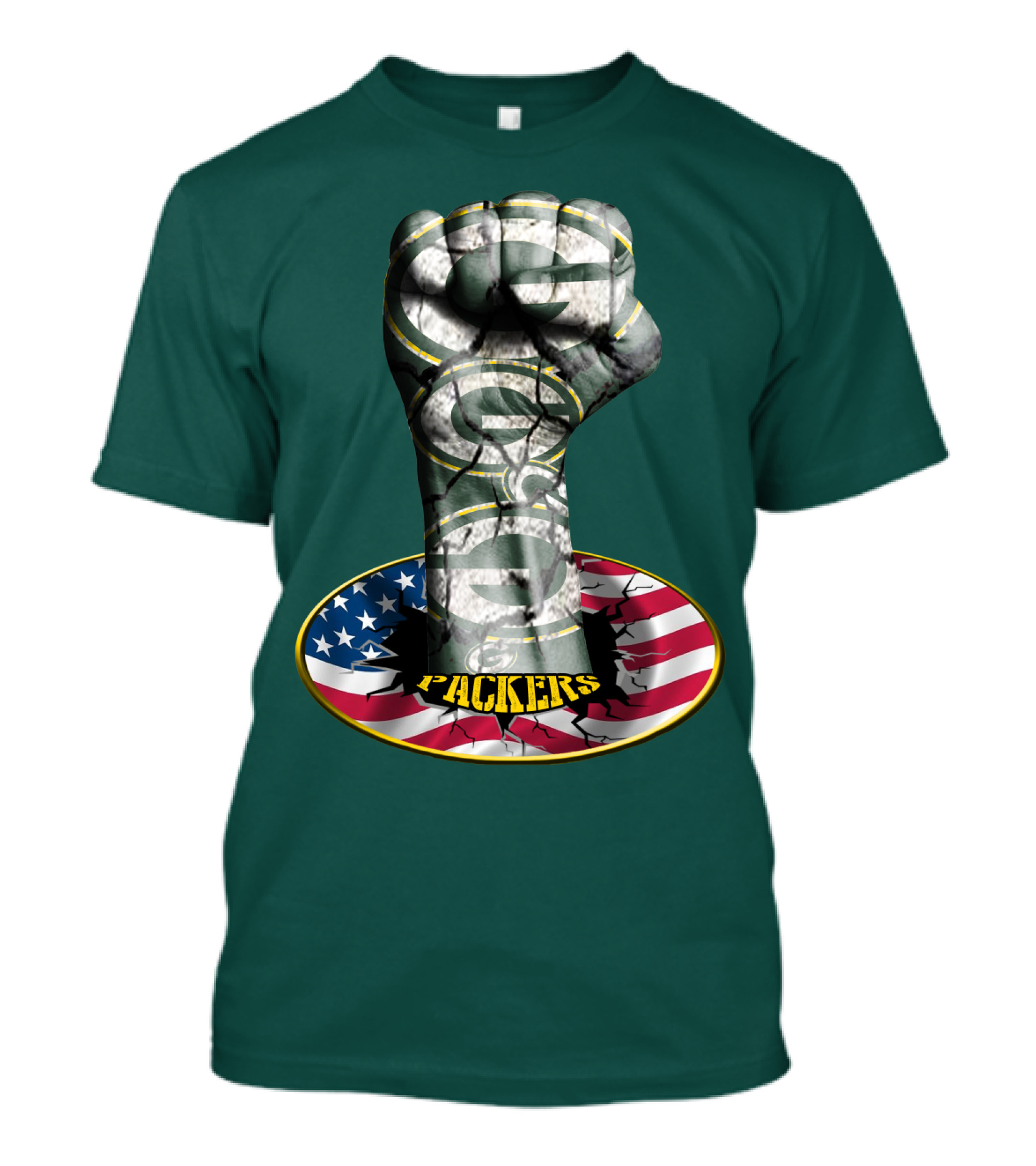 Fist With Green Bay Packers Logo On Cracked American Flag T-Shirt